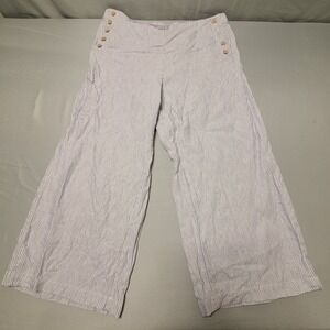 J Jill Linen Pants Womens L Seersucker Wide Barrel Leg Blue White Striped